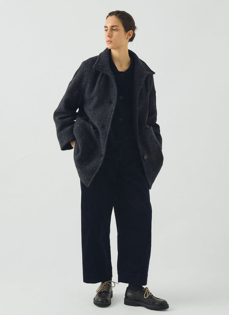Washed Wool Herringbone Coat | Navy Melange