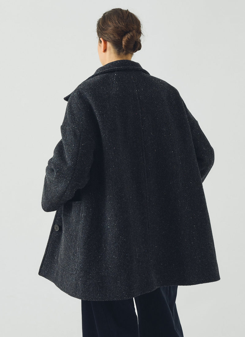 Washed Wool Herringbone Coat | Navy Melange