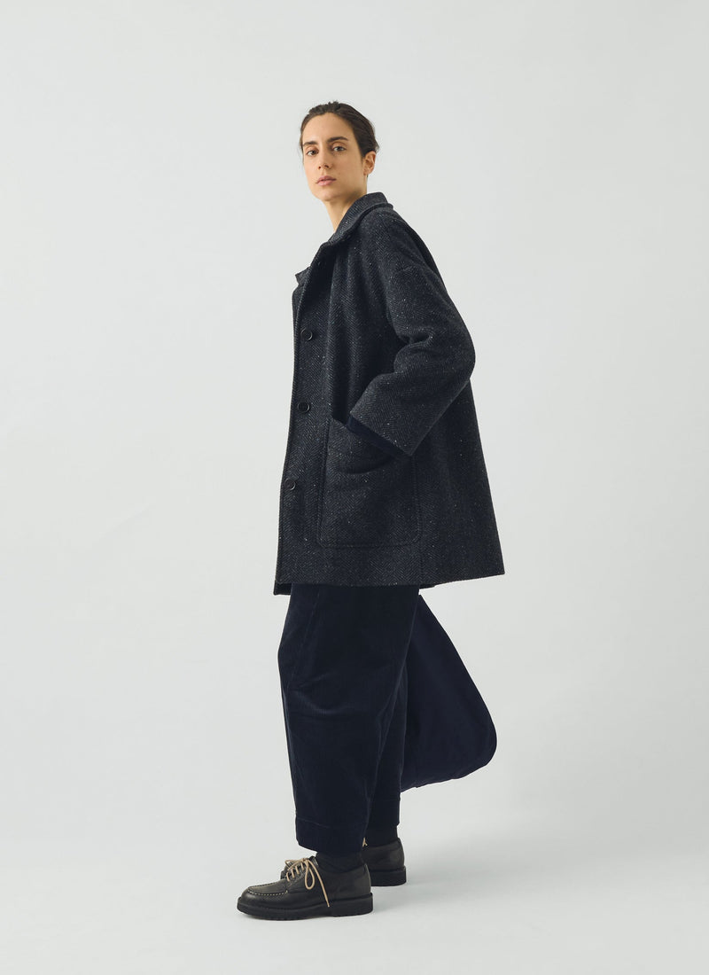 Washed Wool Herringbone Coat | Navy Melange