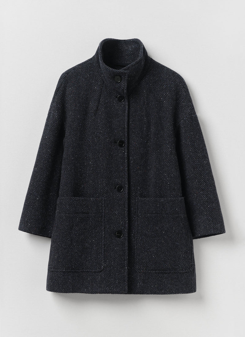 Washed Wool Herringbone Coat | Navy Melange