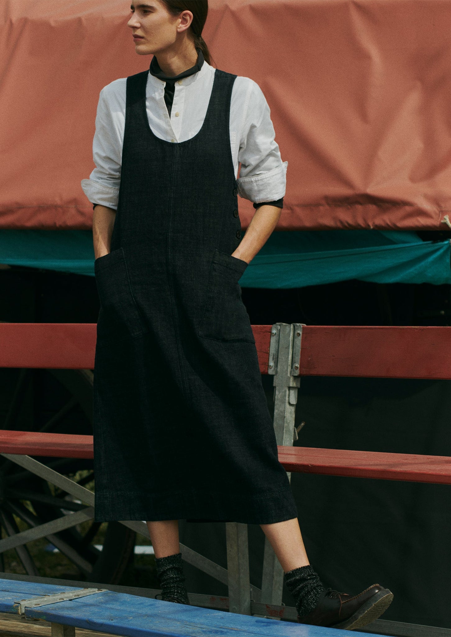 A Line Denim Pinafore Dress | Indigo | TOAST