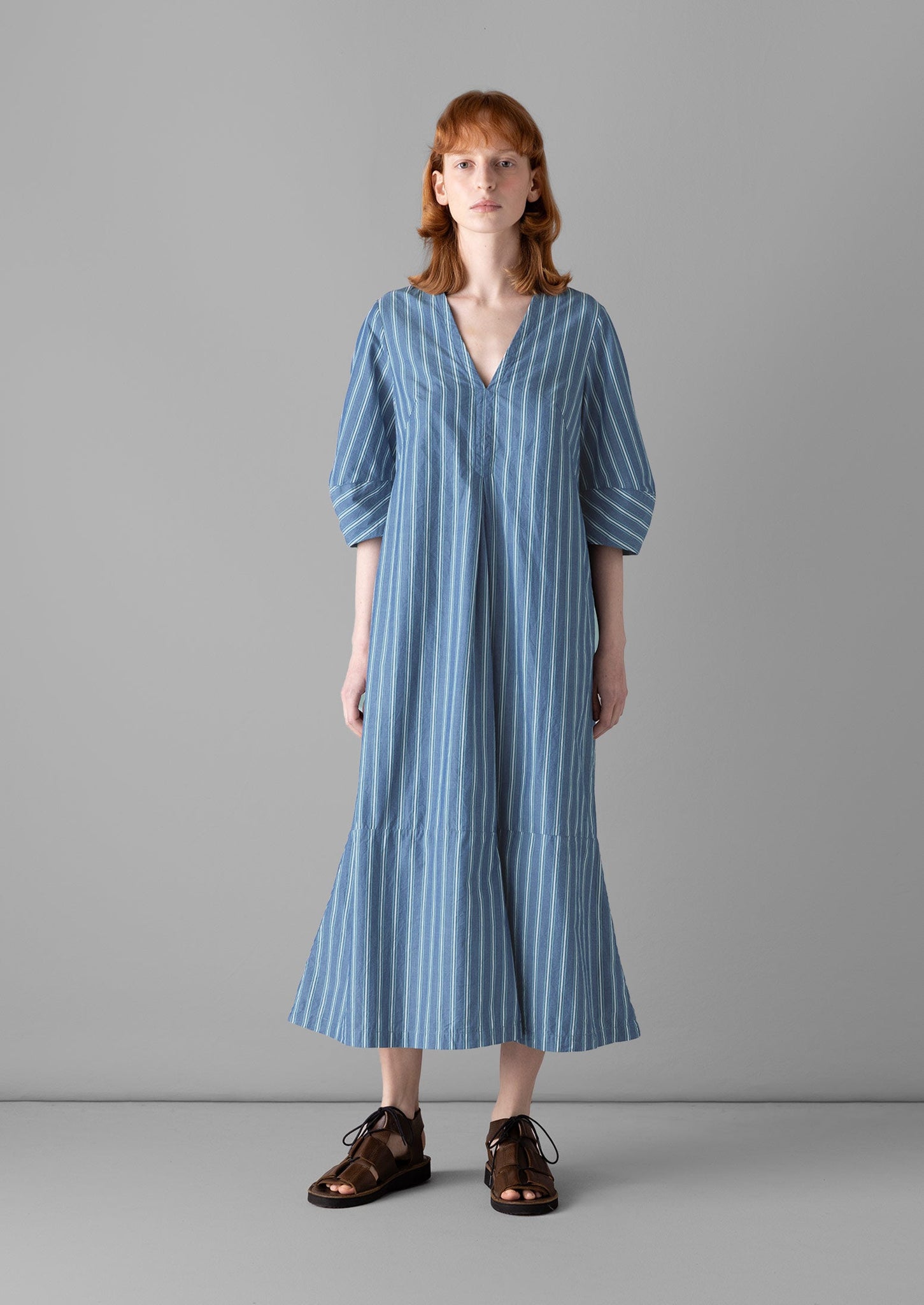 V-Neck Stripe Organic Cotton Poplin Dress | Duffle Blue | TOAST