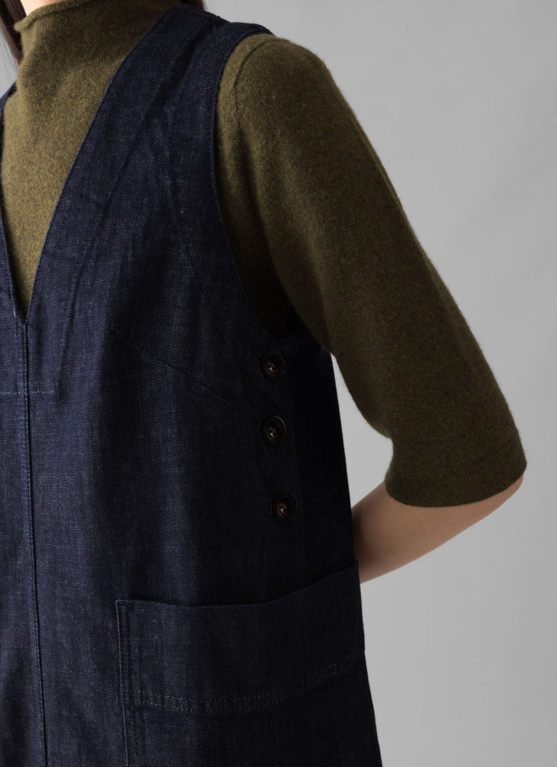 V-Neck Denim Pinafore Dress | Indigo