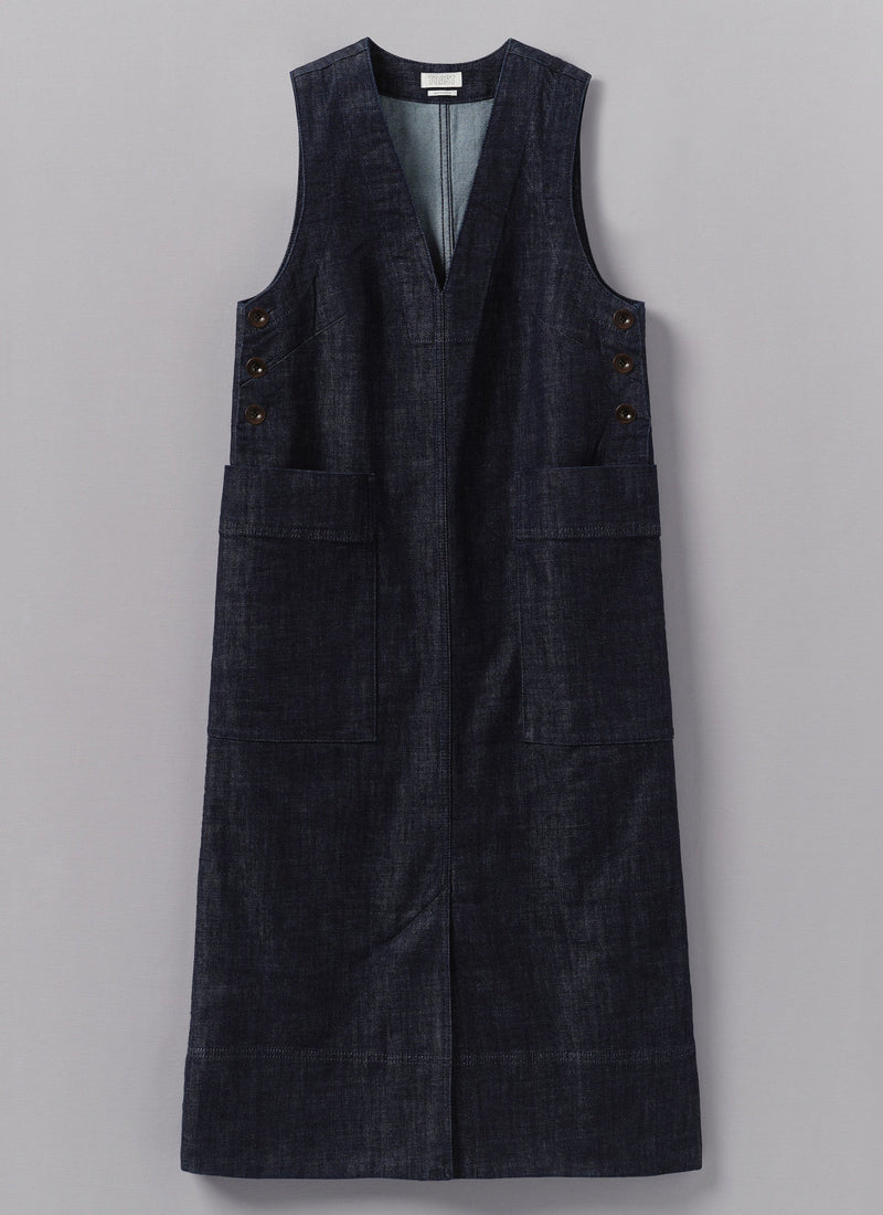 V-Neck Denim Pinafore Dress | Indigo