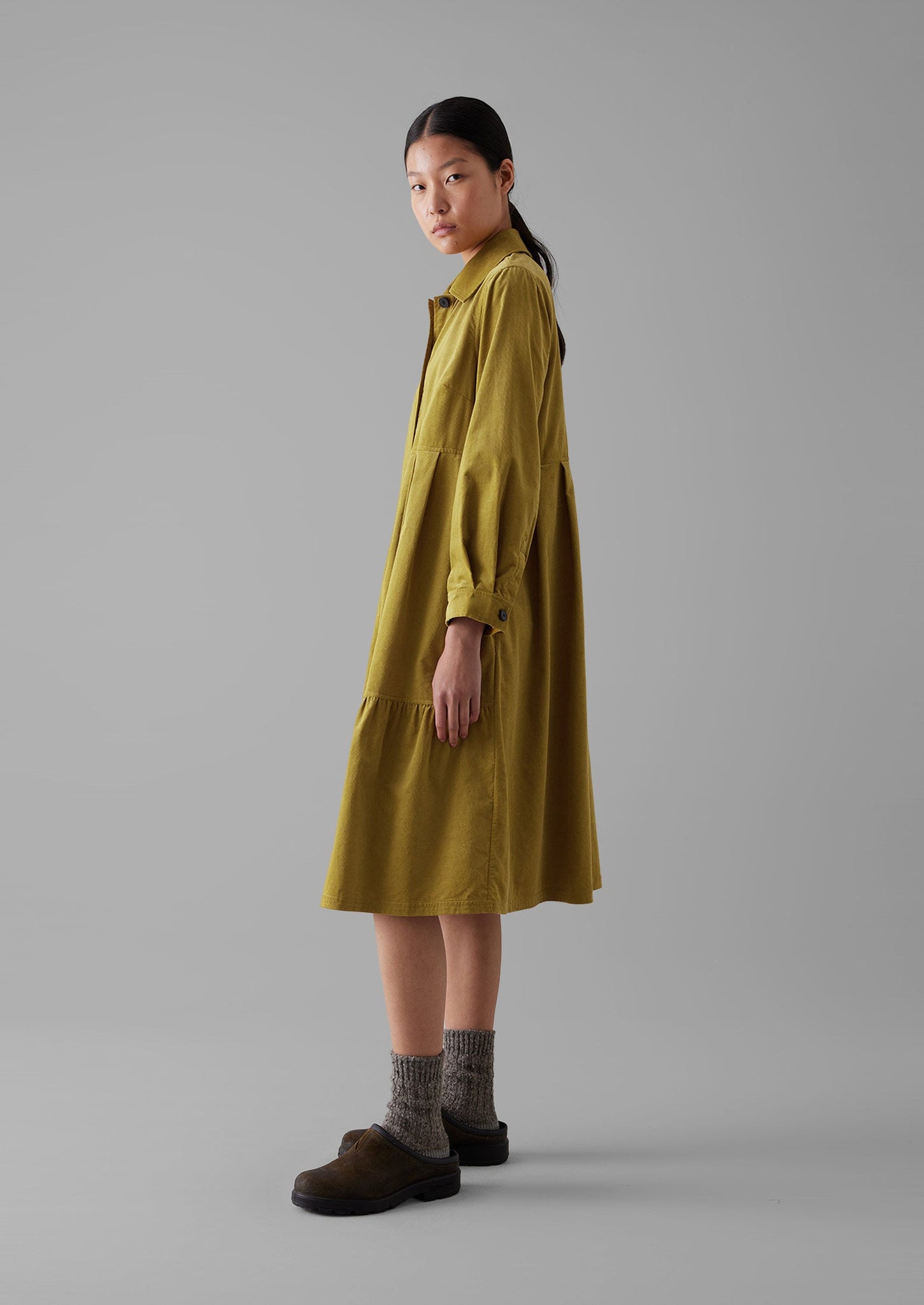 Panelled Organic Needlecord Dress | Golden Olive