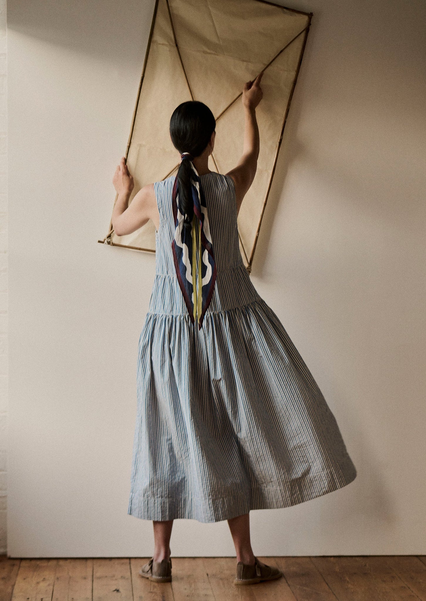Candy Stripe Pleated Cotton Dress | Ocean Blue/Ecru
