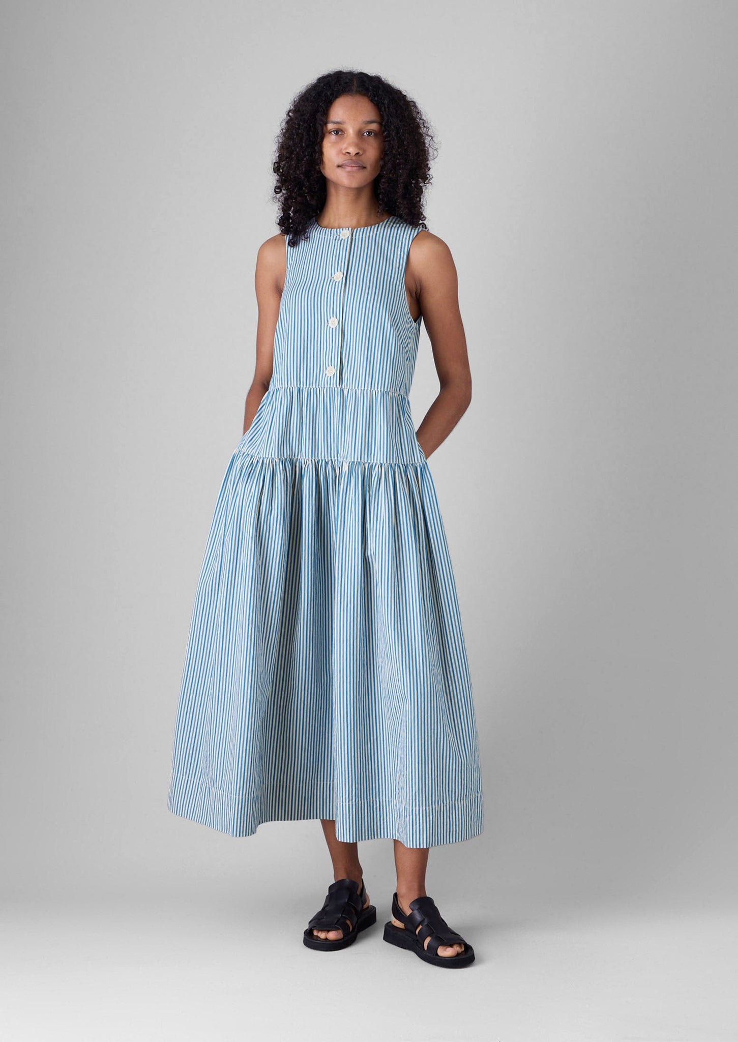 Candy Stripe Pleated Cotton Dress | Ocean Blue/Ecru