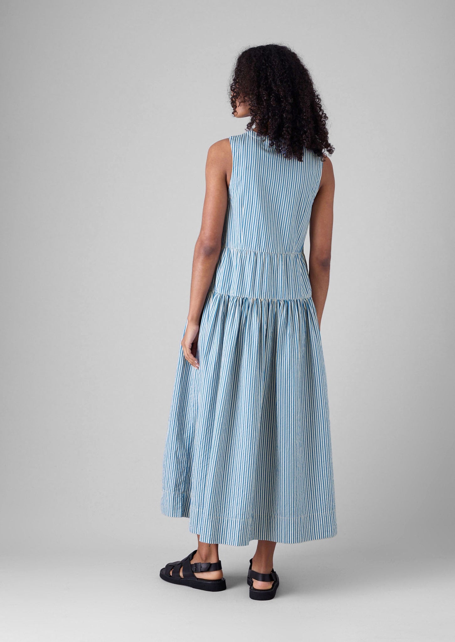 Candy Stripe Pleated Cotton Dress | Ocean Blue/Ecru