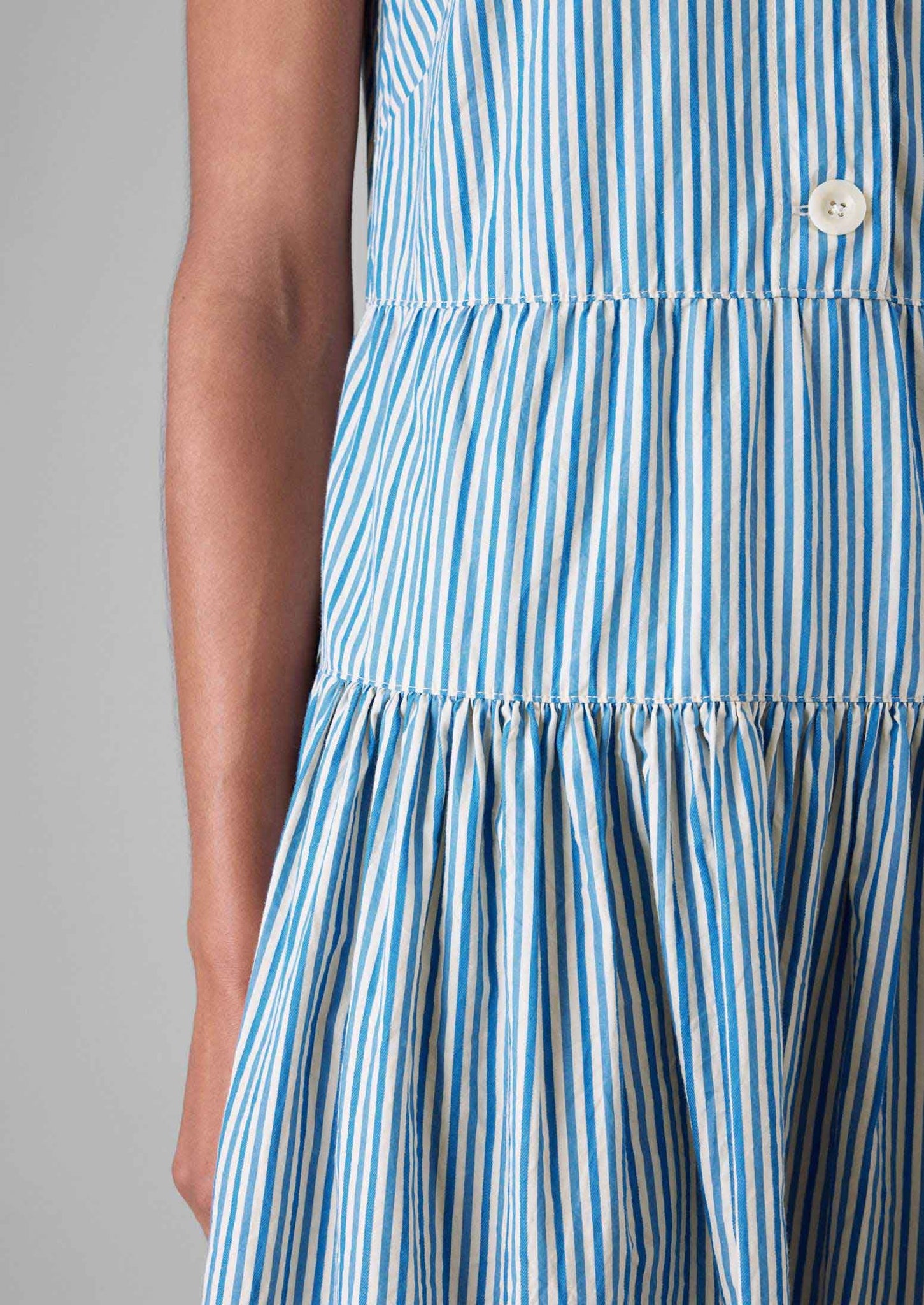 Candy Stripe Pleated Cotton Dress | Ocean Blue/Ecru