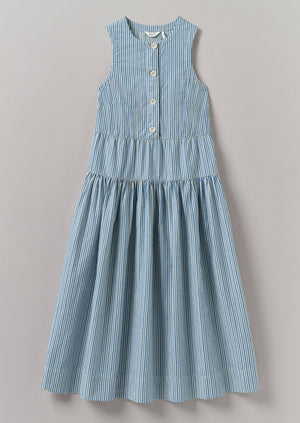 Candy Stripe Pleated Cotton Dress | Ocean Blue/Ecru