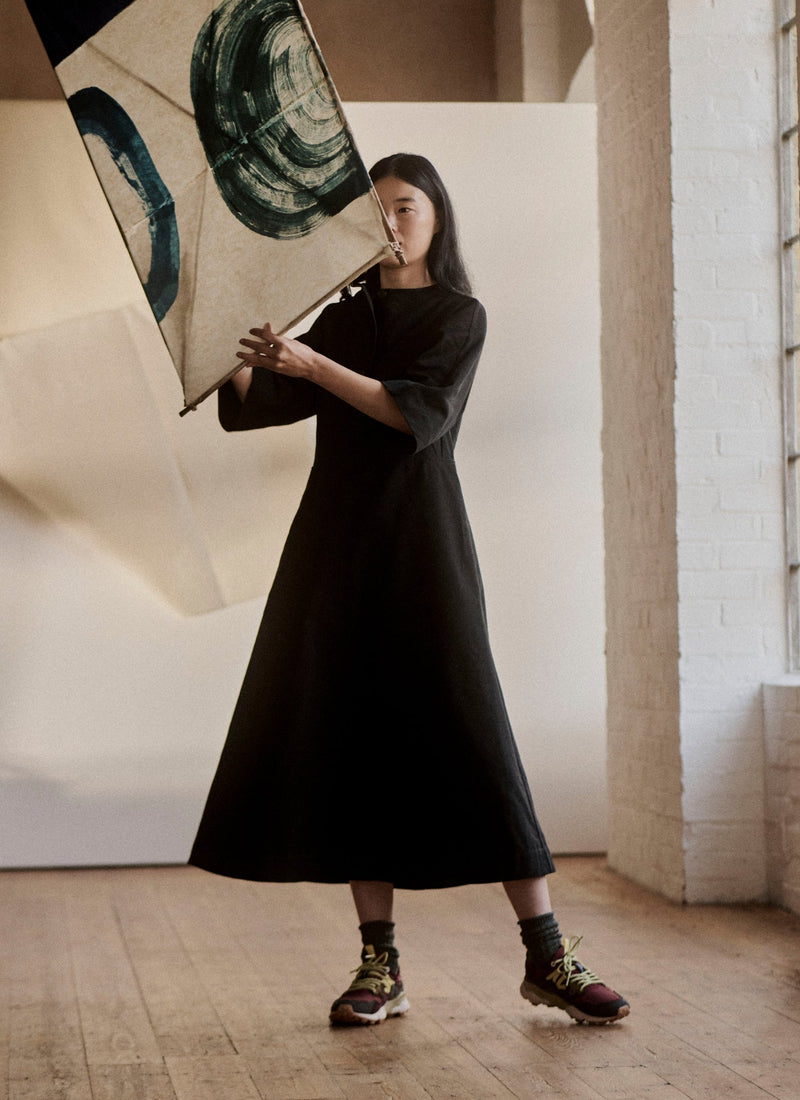 Cotton Linen Twill Smock Dress | Black
