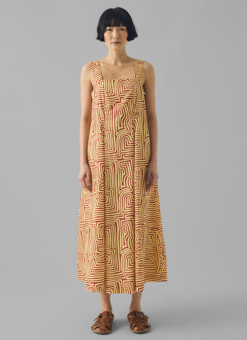 Maze Print Cotton Poplin Dress | Brick/Lemon Rind