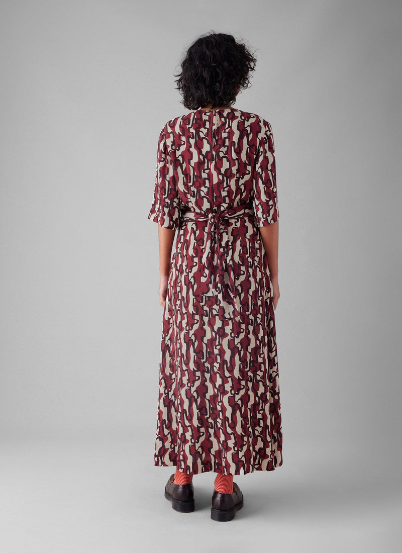 Ribbon Print Tie Dress | Ecru/Garnet