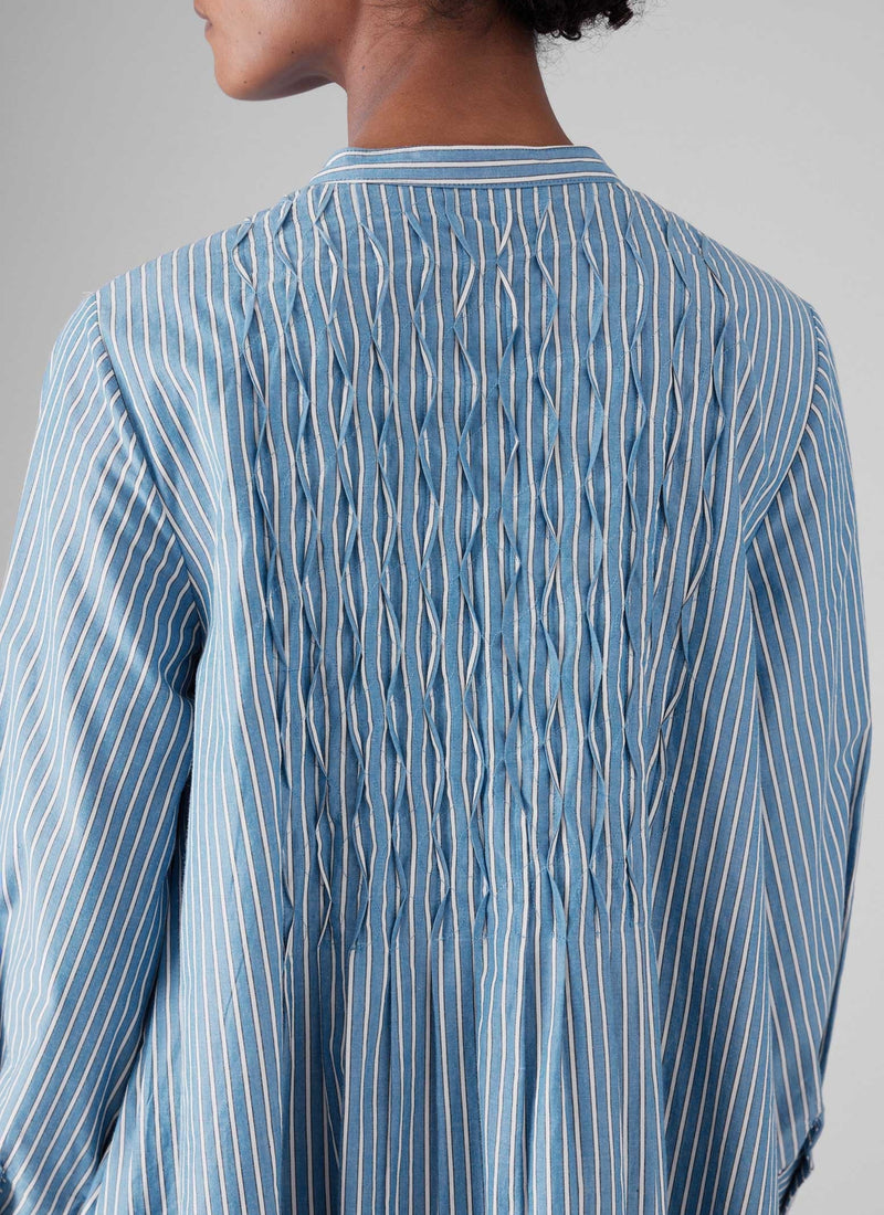 Dash Stripe Pintuck Cotton Dress | Chambray Blue