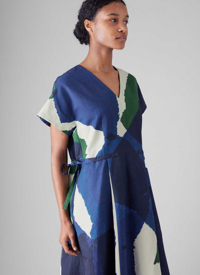 Washi Print Linen Cotton Dress | Ecru/Blue/Green