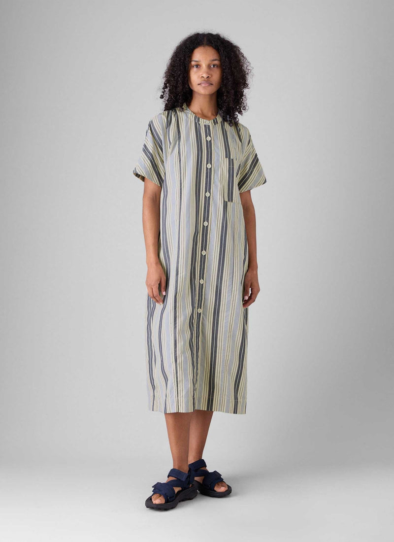 Drawstring Waist Stripe Cotton Shirt Dress | Ecru/Mixed Blues