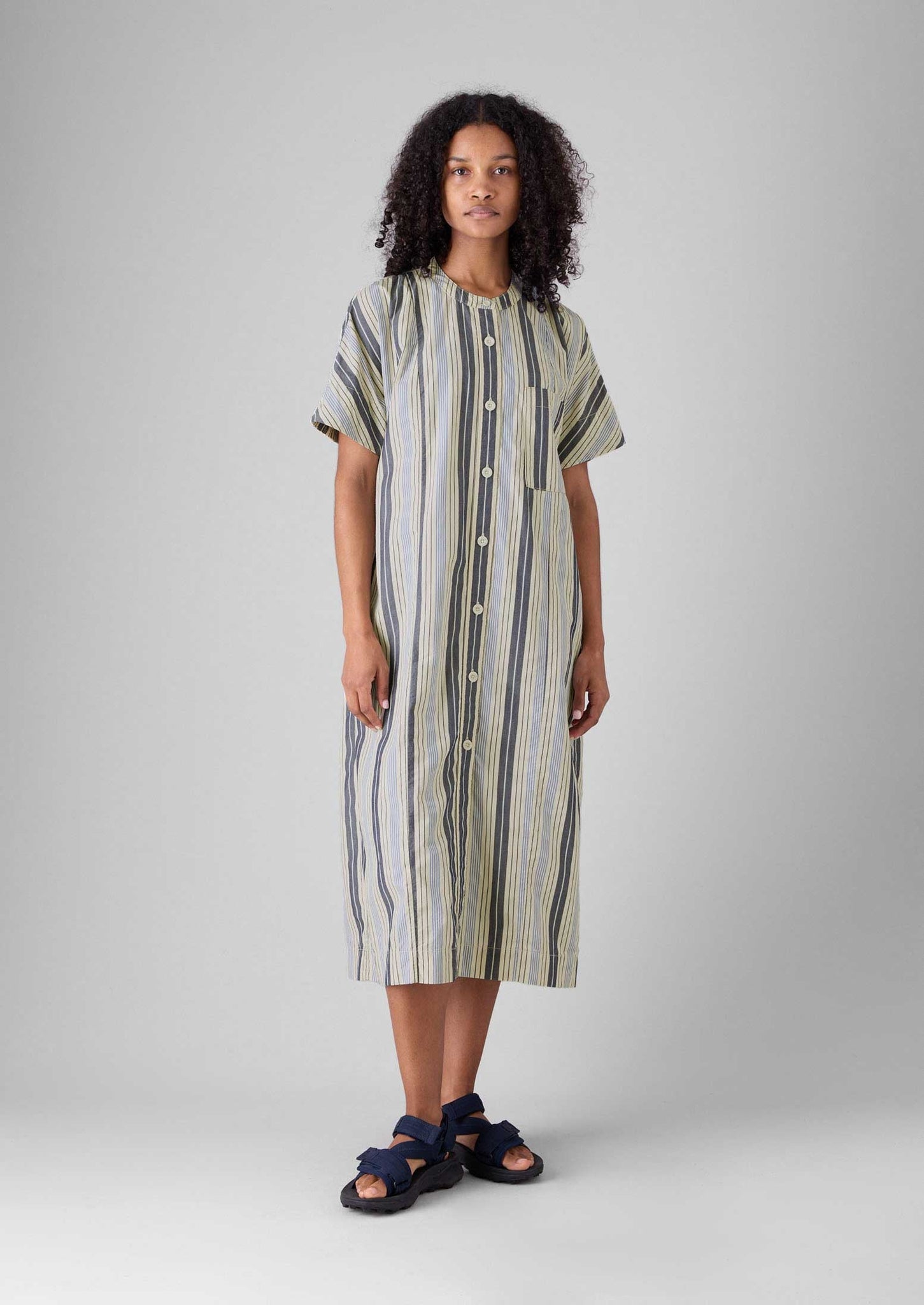Drawstring Waist Stripe Cotton Shirt Dress | Ecru/Mixed Blues