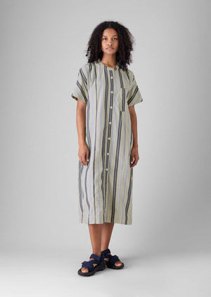 Drawstring Waist Stripe Cotton Shirt Dress | Ecru/Mixed Blues