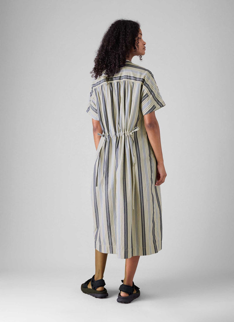 Drawstring Waist Stripe Cotton Shirt Dress | Ecru/Mixed Blues