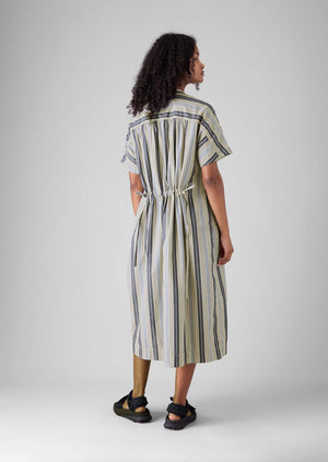 Drawstring Waist Stripe Cotton Shirt Dress | Ecru/Mixed Blues