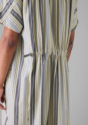 Drawstring Waist Stripe Cotton Shirt Dress | Ecru/Mixed Blues