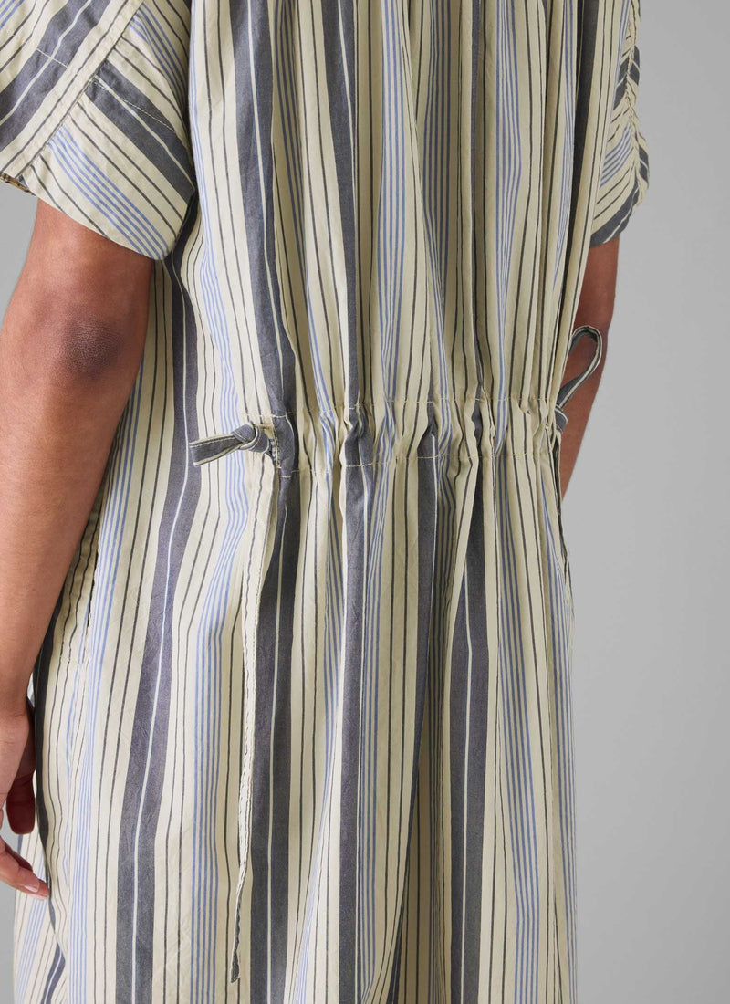 Drawstring Waist Stripe Cotton Shirt Dress | Ecru/Mixed Blues