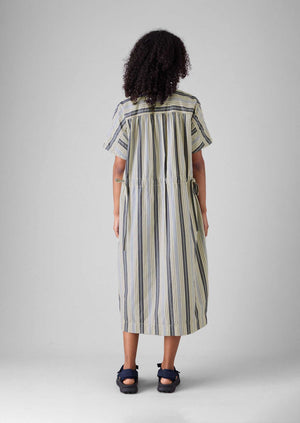 Drawstring Waist Stripe Cotton Shirt Dress | Ecru/Mixed Blues