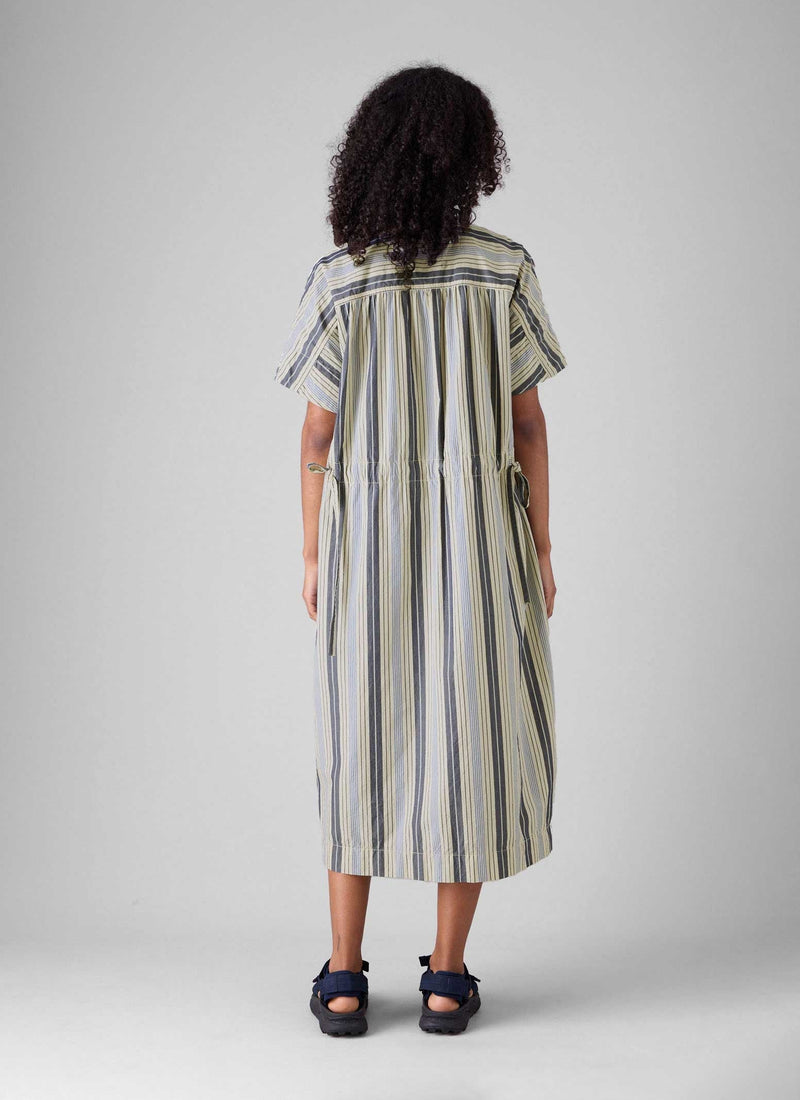 Drawstring Waist Stripe Cotton Shirt Dress | Ecru/Mixed Blues