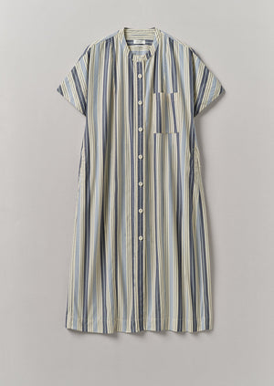 Drawstring Waist Stripe Cotton Shirt Dress | Ecru/Mixed Blues