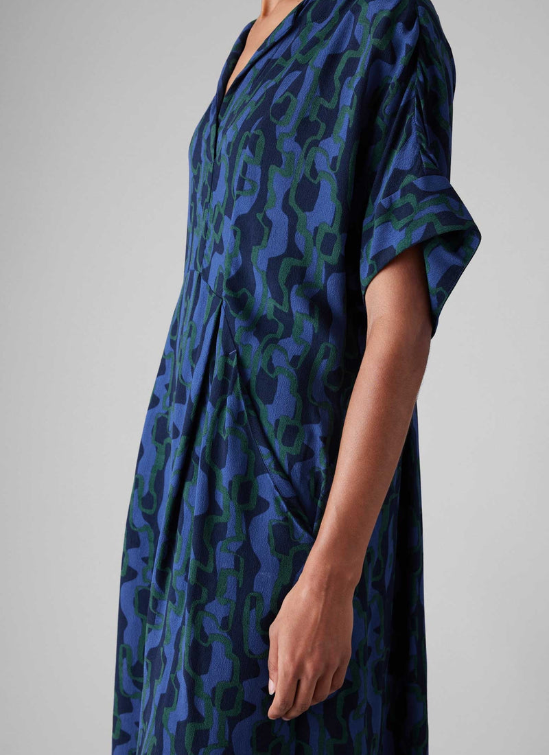 Bryn Ribbon Print Dress | Multi Blue/Copper Green