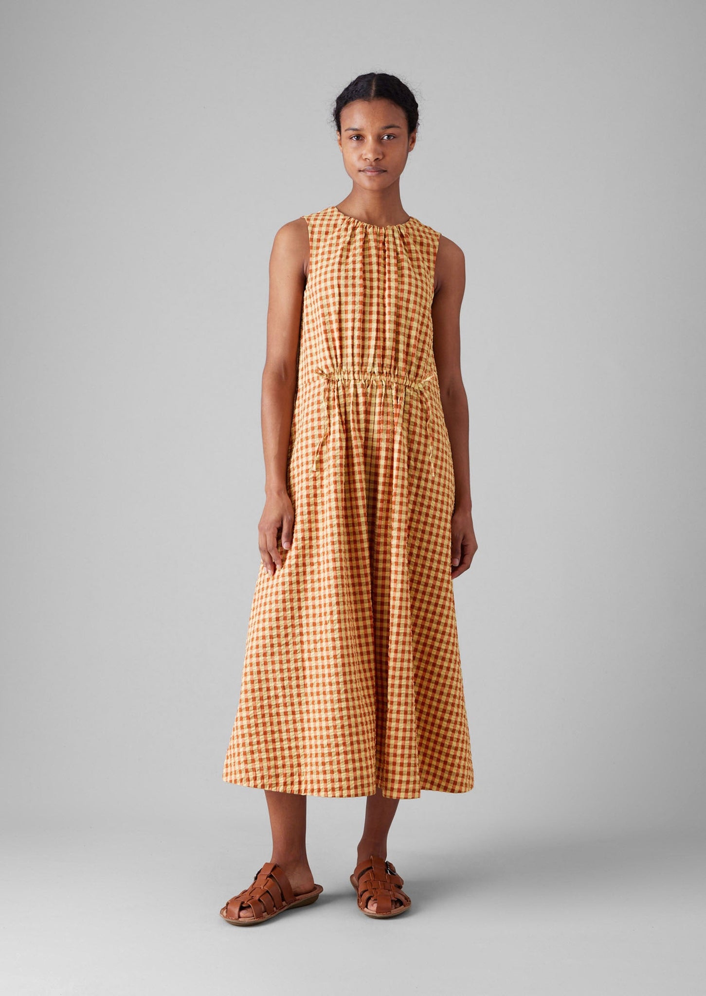Seersucker Gingham Cotton Dress | Narcissus Yellow /Poppy orange