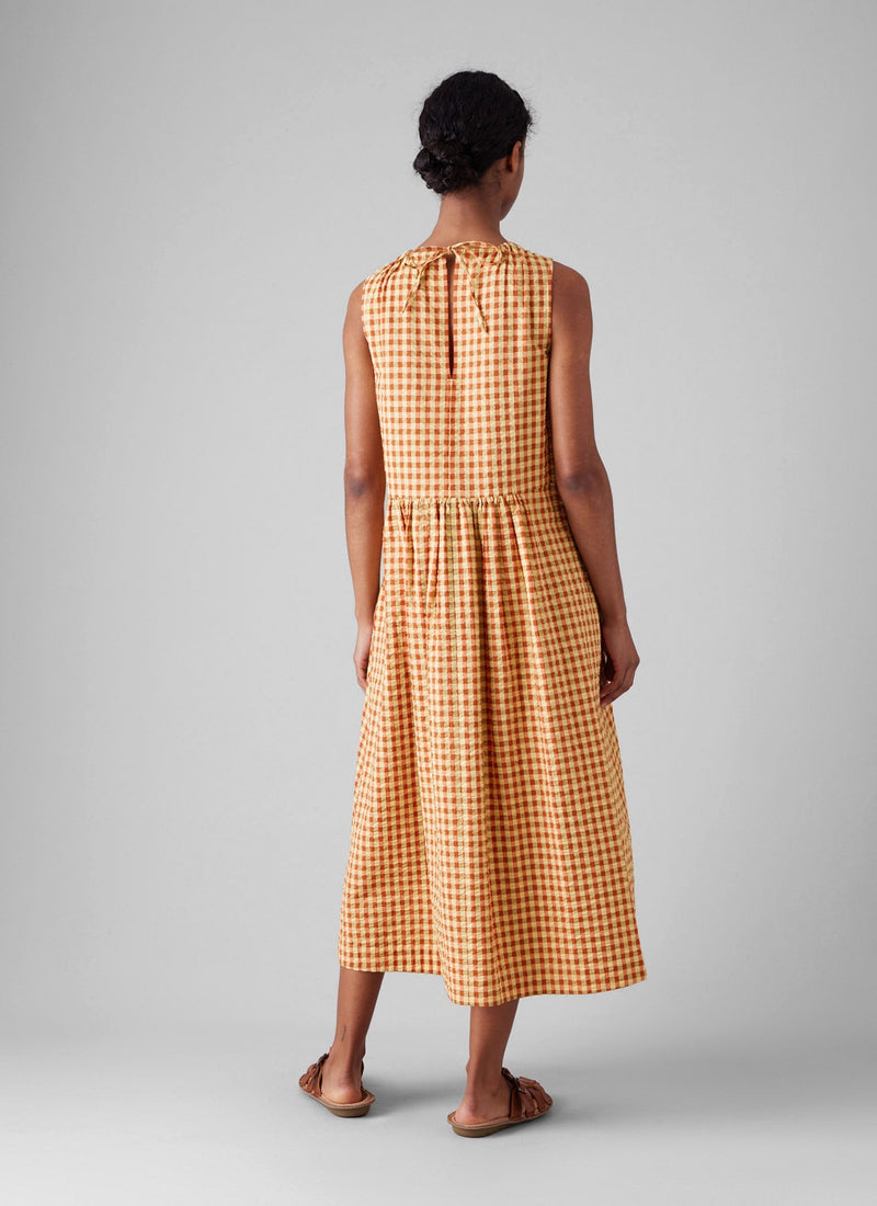 Seersucker Gingham Cotton Dress | Narcissus Yellow /Poppy orange
