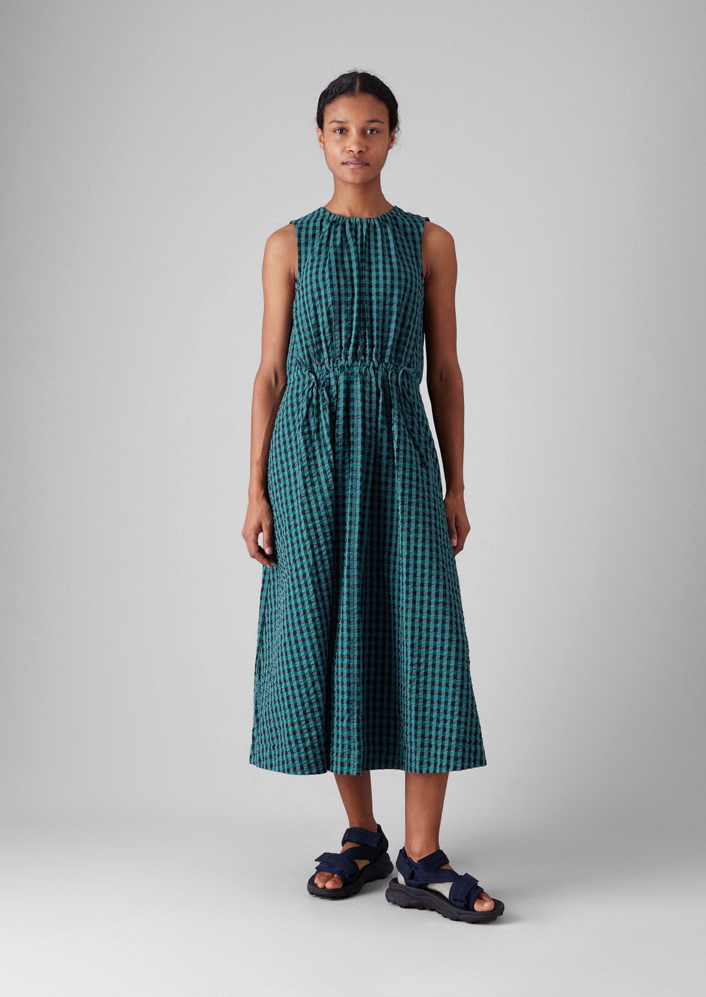 Seersucker Gingham Cotton Dress | Teal Multi