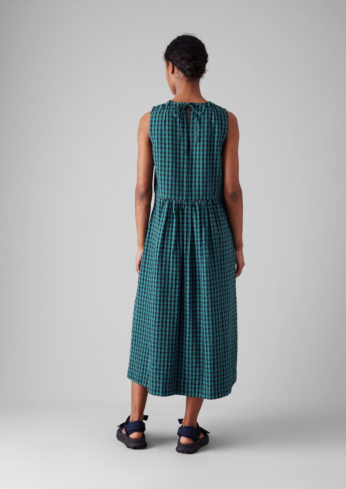 Seersucker Gingham Cotton Dress | Teal Multi