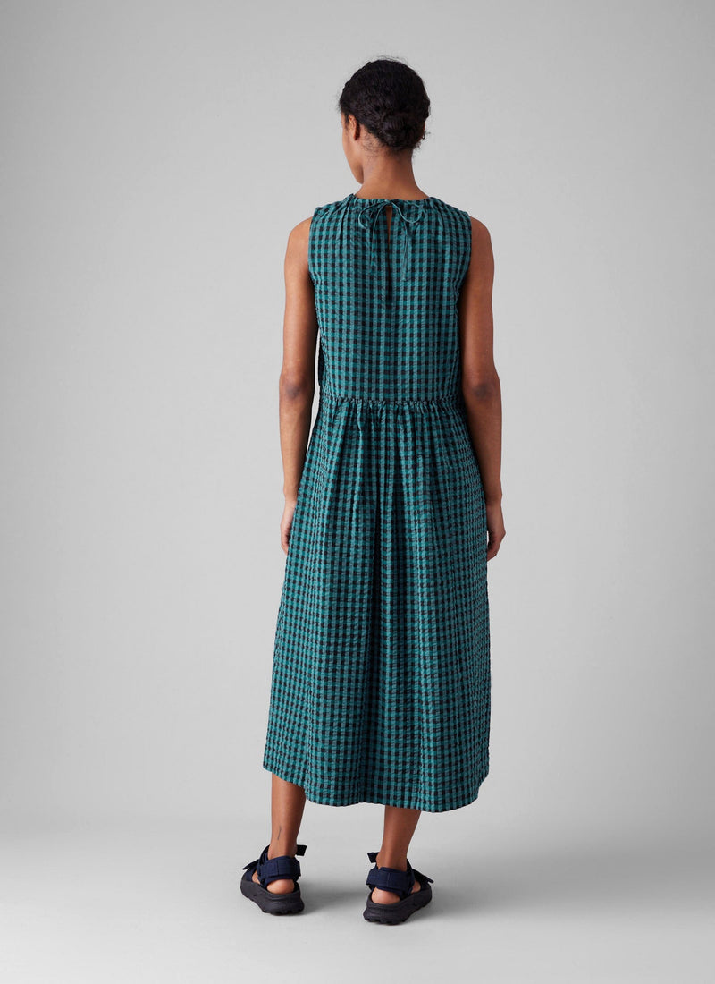 Seersucker Gingham Cotton Dress | Teal Multi