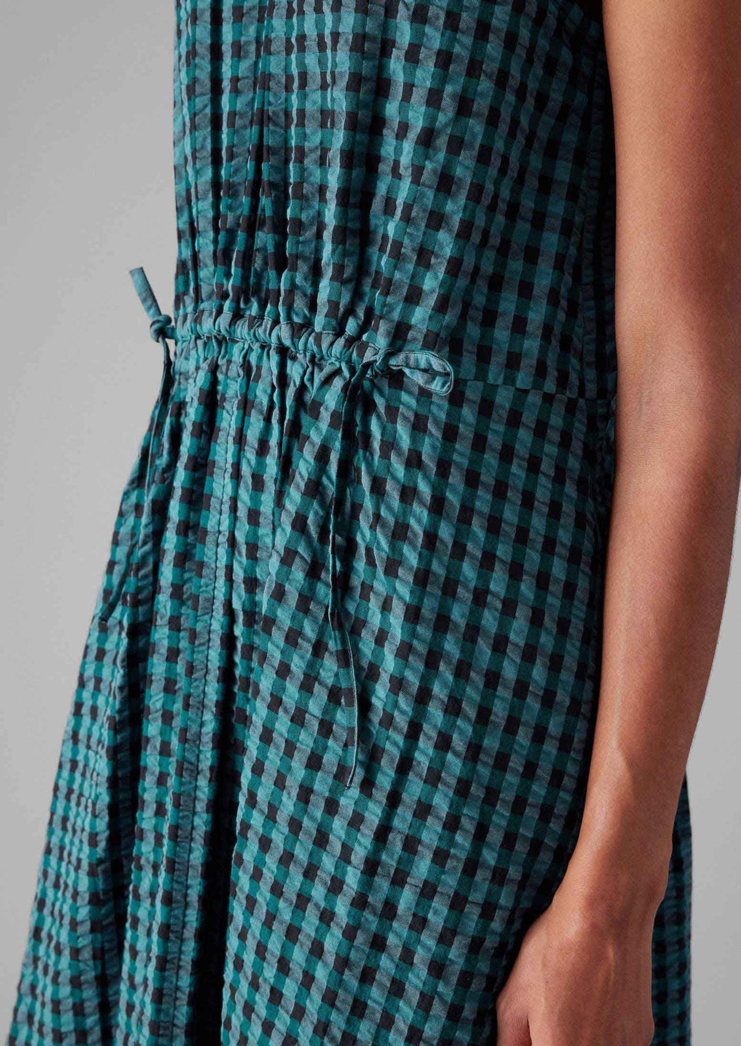 Seersucker Gingham Cotton Dress | Teal Multi