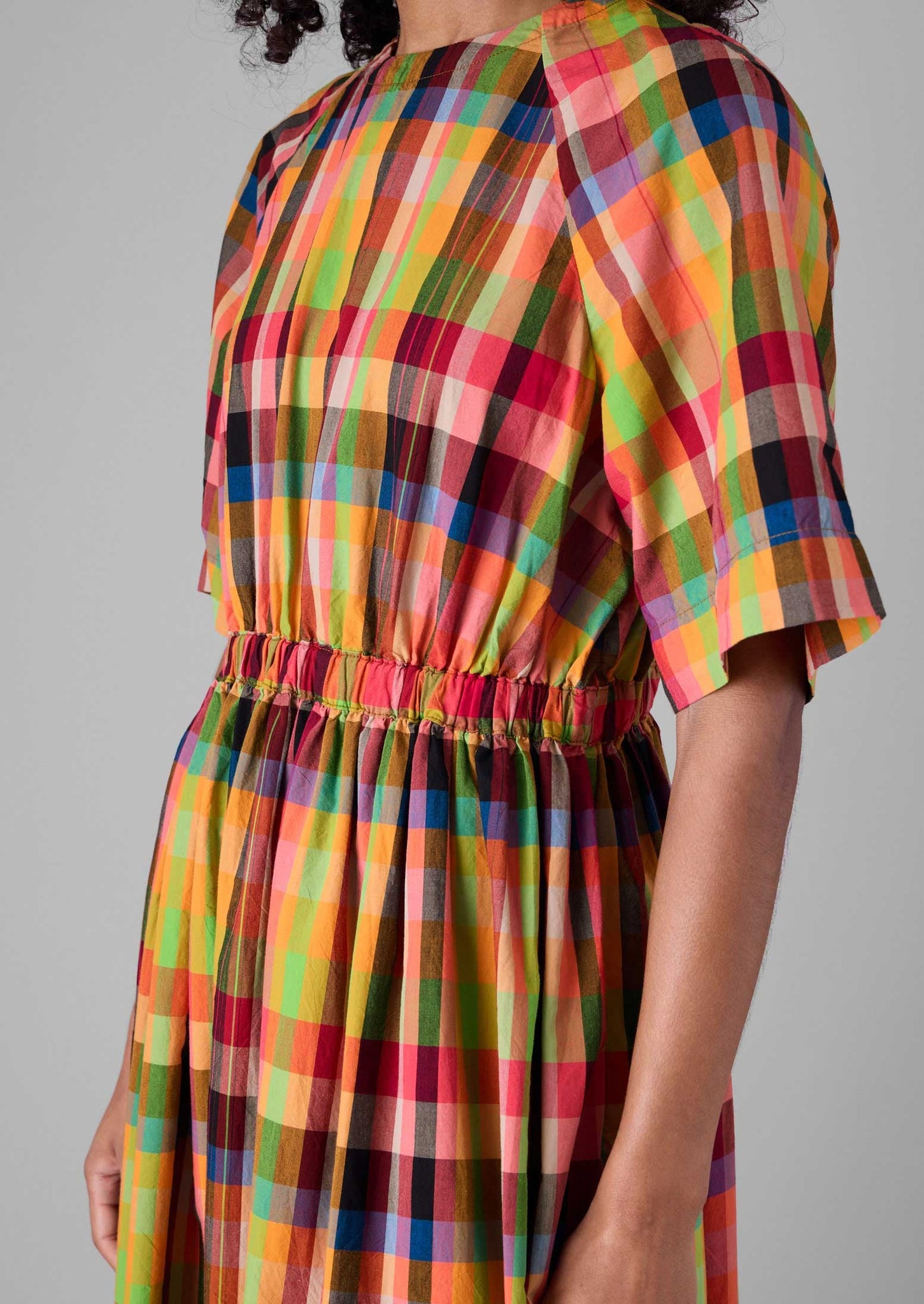 Cotton Raglan Form Check Dress | Bright/Multi