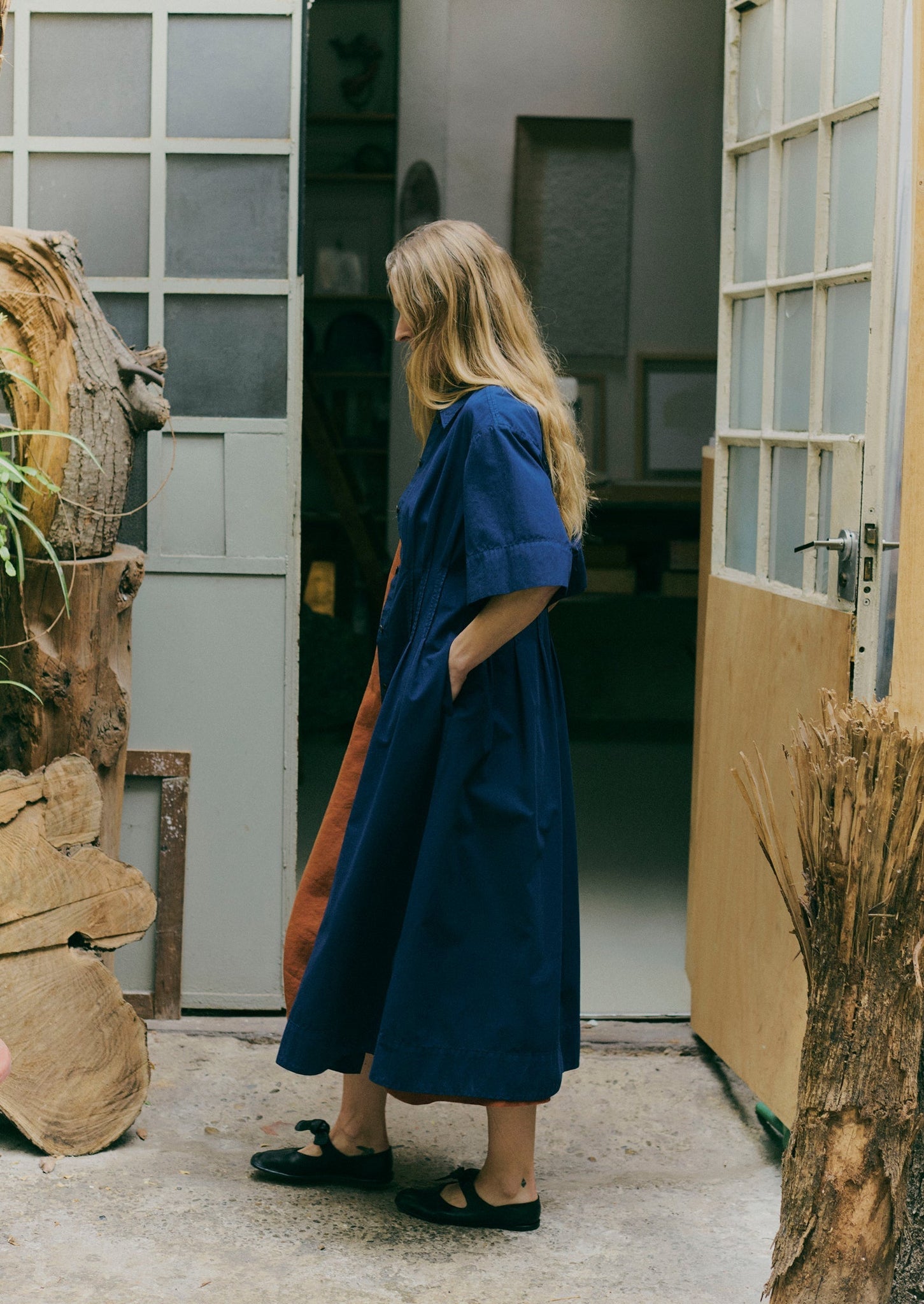 Pleated Cotton Linen Dress | Mid Blue