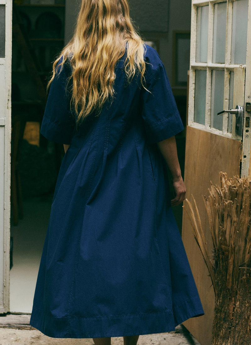 Pleated Cotton Linen Dress | Mid Blue