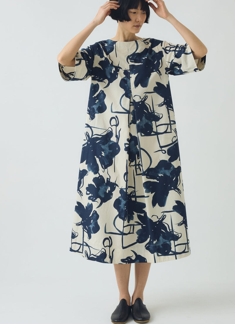 Pen And Ink Print Cotton Poplin Dress | Ink Blue
