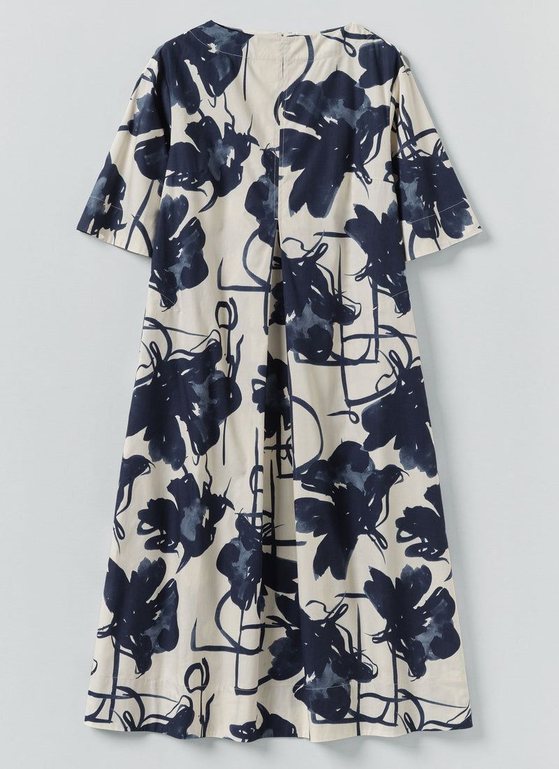 Pen And Ink Print Cotton Poplin Dress | Ink Blue