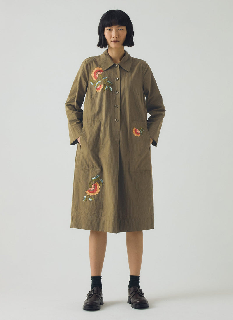 Embroidered Mini Stripe Cotton Shirt Dress | Olive