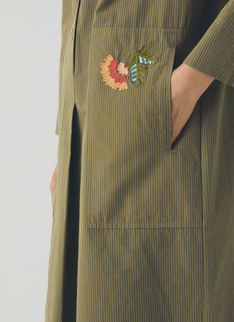 Embroidered Mini Stripe Cotton Shirt Dress | Olive