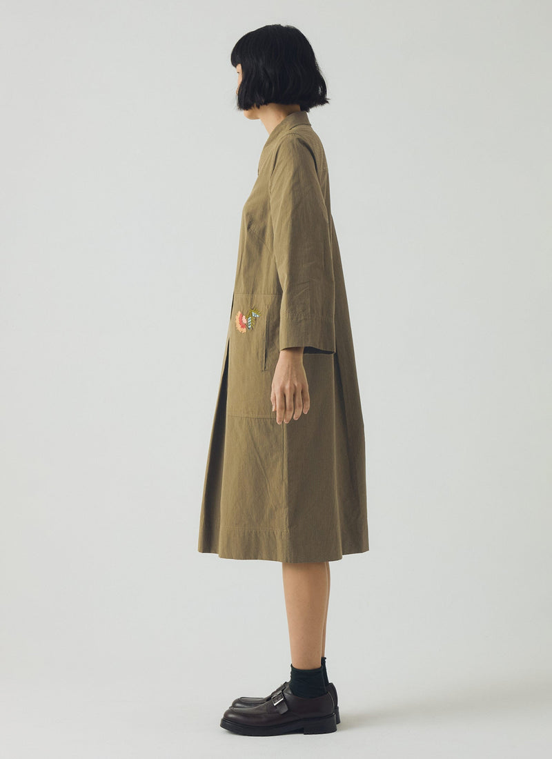 Embroidered Mini Stripe Cotton Shirt Dress | Olive