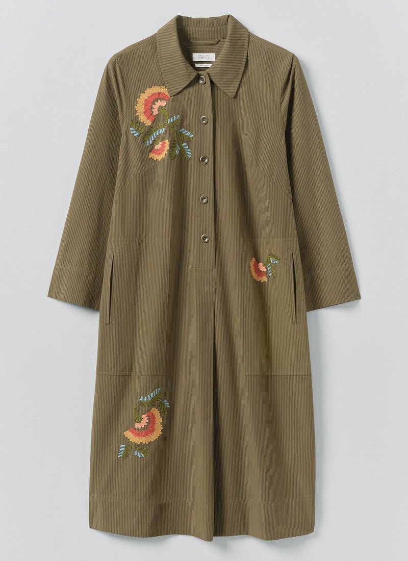 Embroidered Mini Stripe Cotton Shirt Dress | Olive