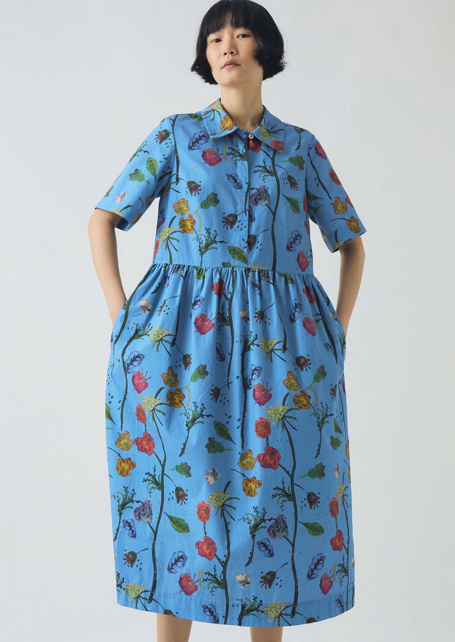Archivist Floral Print Cotton Shirt Dress | Warm Blue
