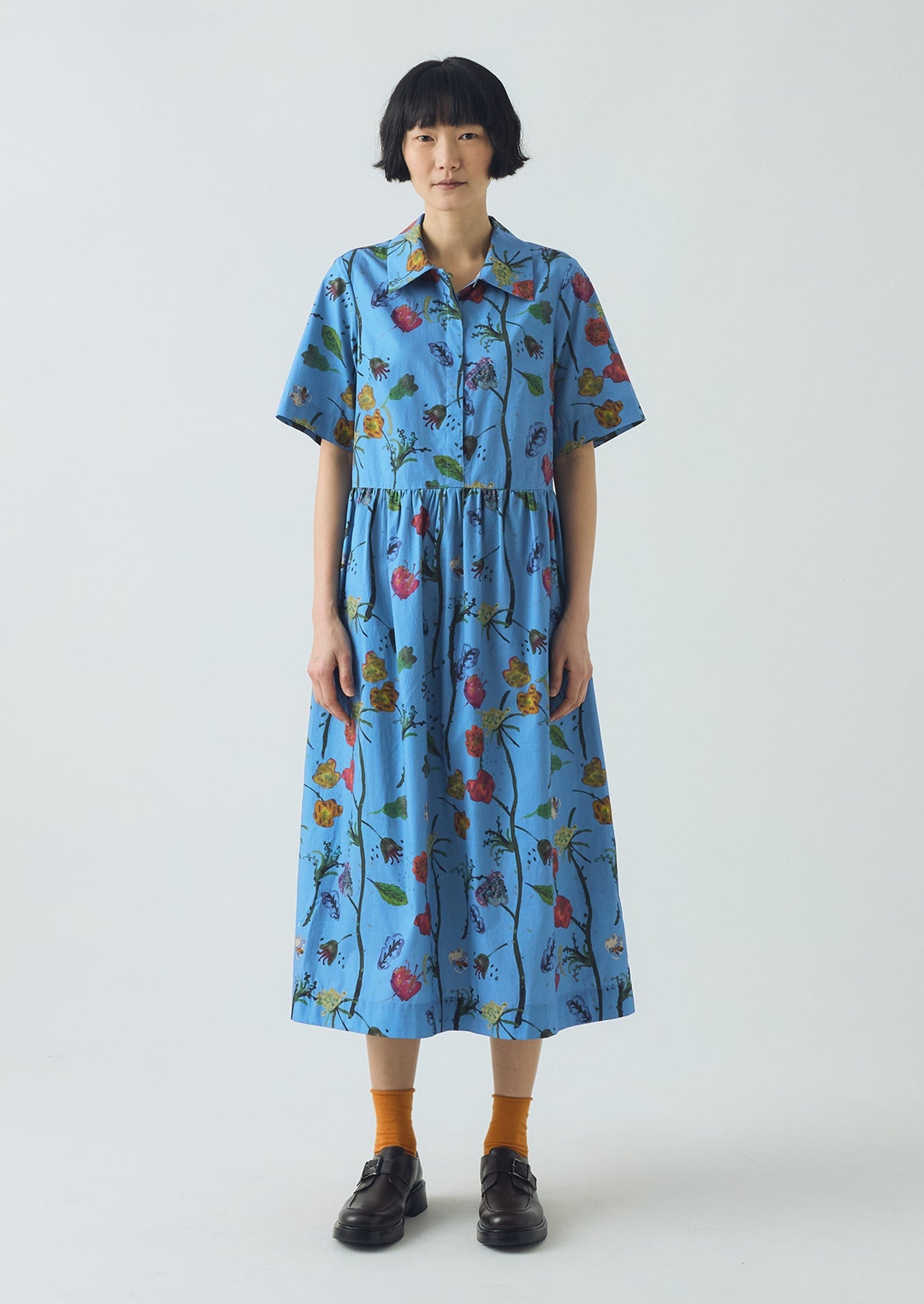 Archivist Floral Print Cotton Shirt Dress | Warm Blue
