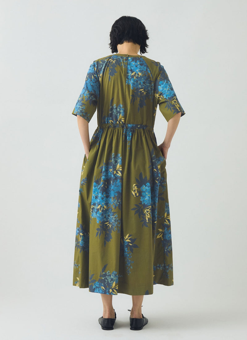 Botanical Shadow Print Cotton Dress | Olive