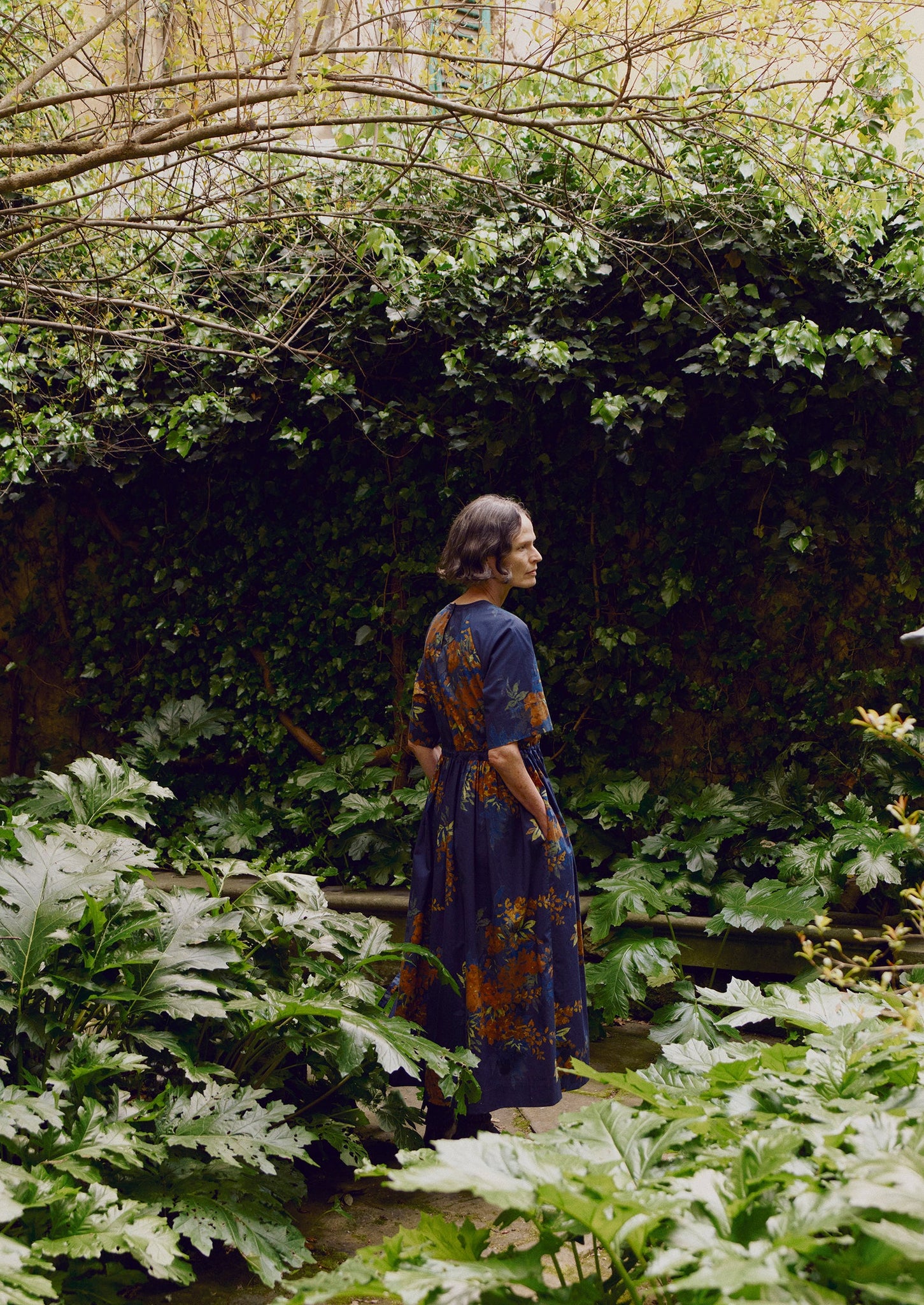 Botanical Shadow Print Cotton Dress | Shadow Blue