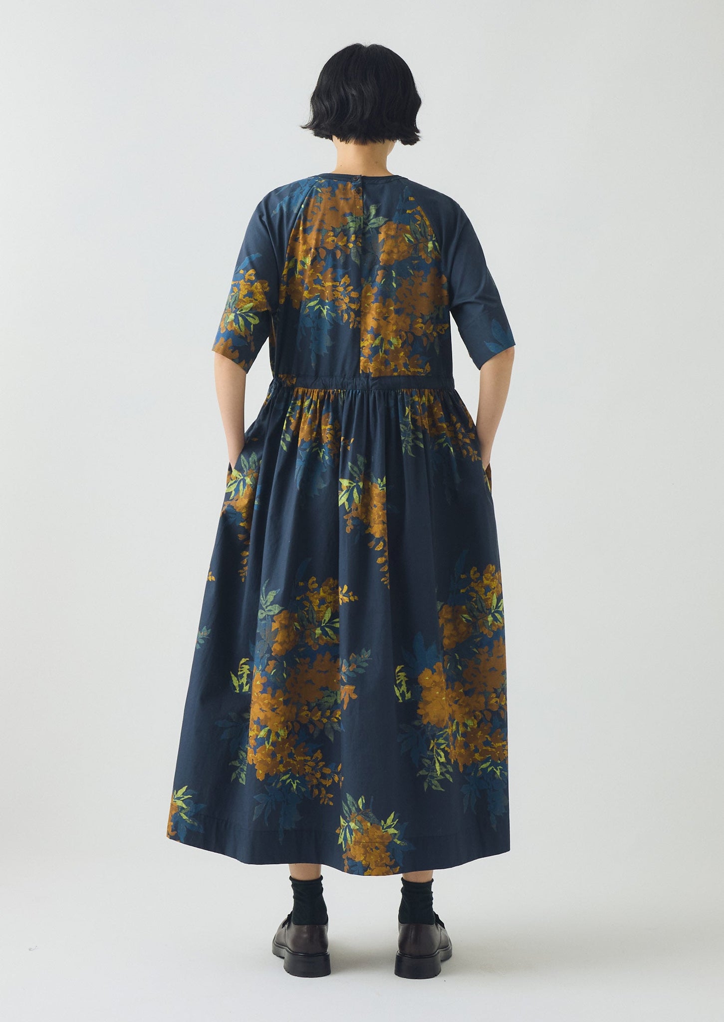 Botanical Shadow Print Cotton Dress | Shadow Blue